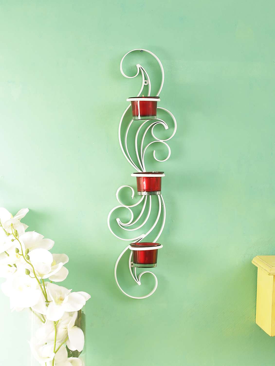 home sparkle long vertical wall sconce iron tealight candle holders with 3 glass cup (white)