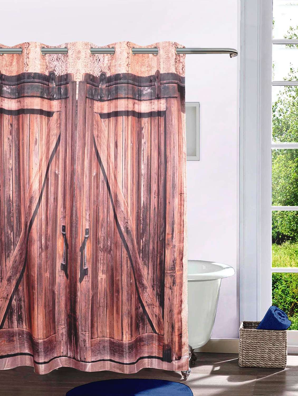 lushomes digitally printed wooden door shower curtain with 10 eyelets, size: 72x82 inches (single pc)
