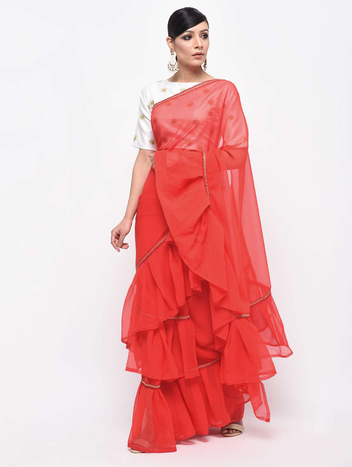 ruffle border red fusion saree with blouse