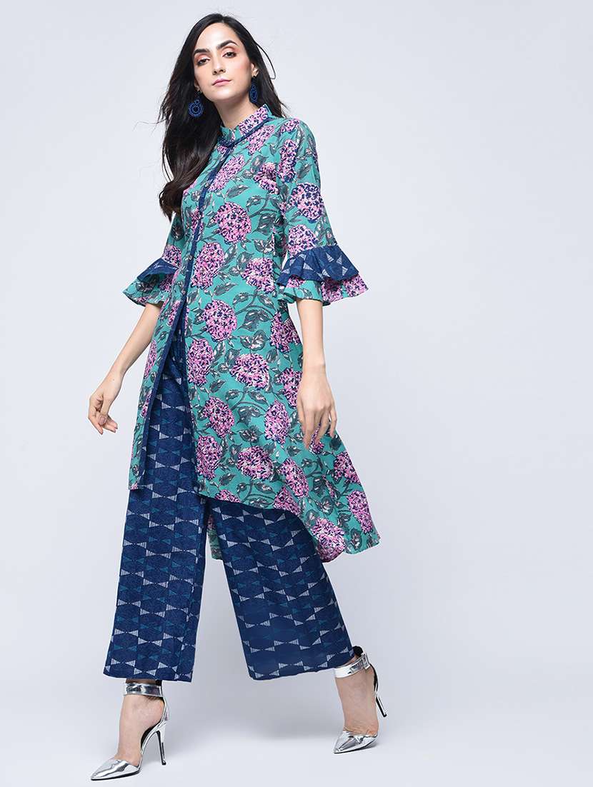 layered bell sleeved high-low kurta with palazzo set