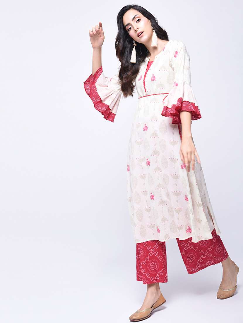 bell sleeved block printed kurta with palazzo set