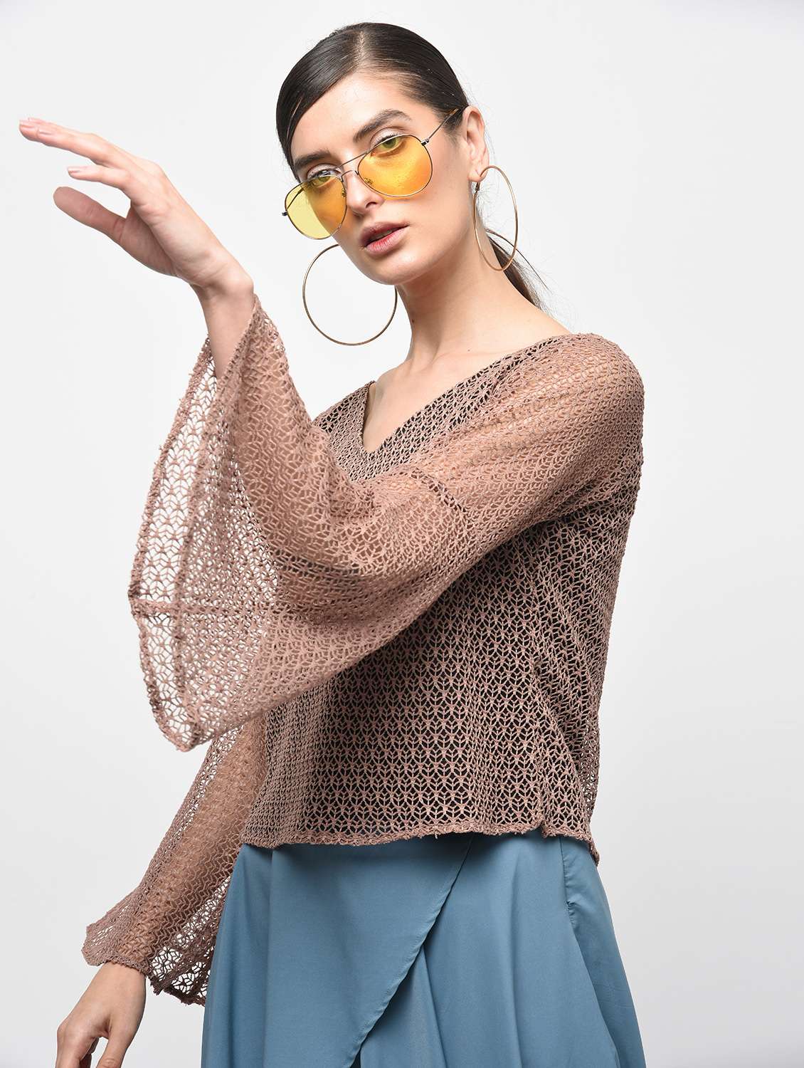 mesh overlay bell sleeved top