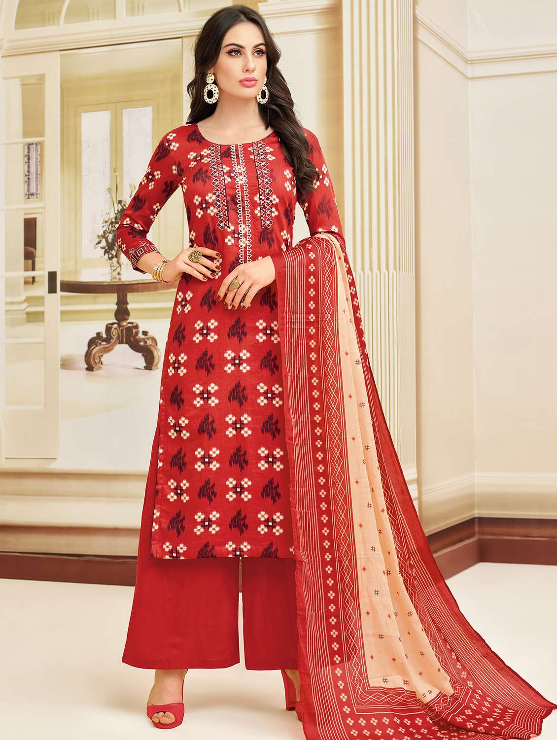 red chanderi cotton unstitched suit