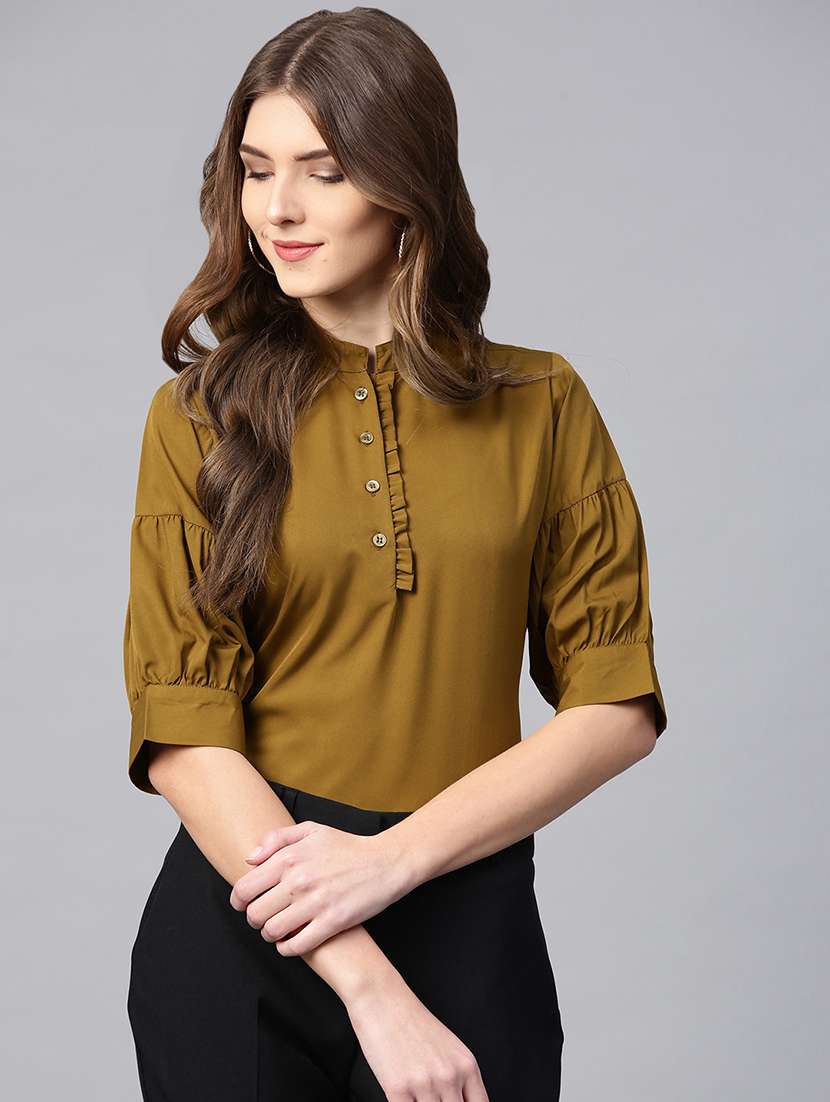 frill trim mandarin neck top