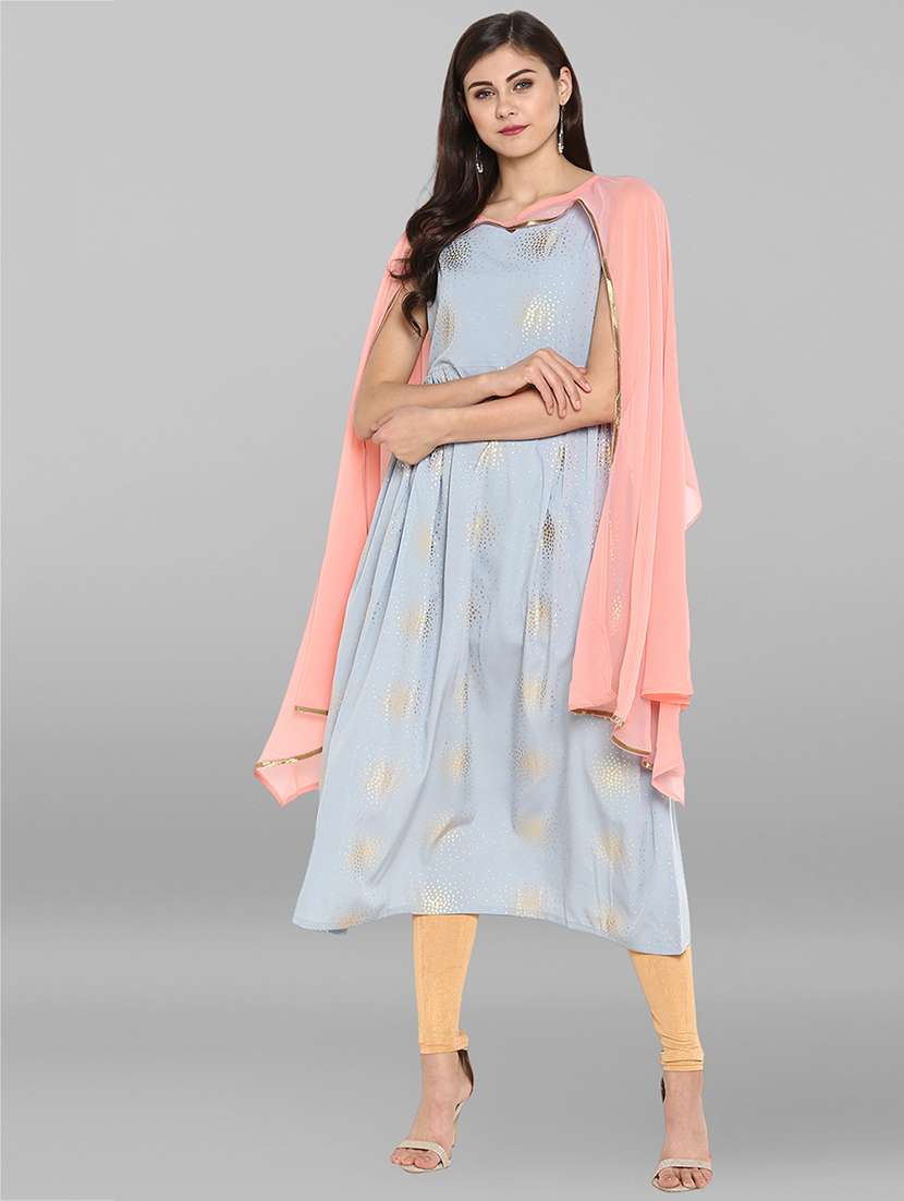 flared foil print kurta with cape