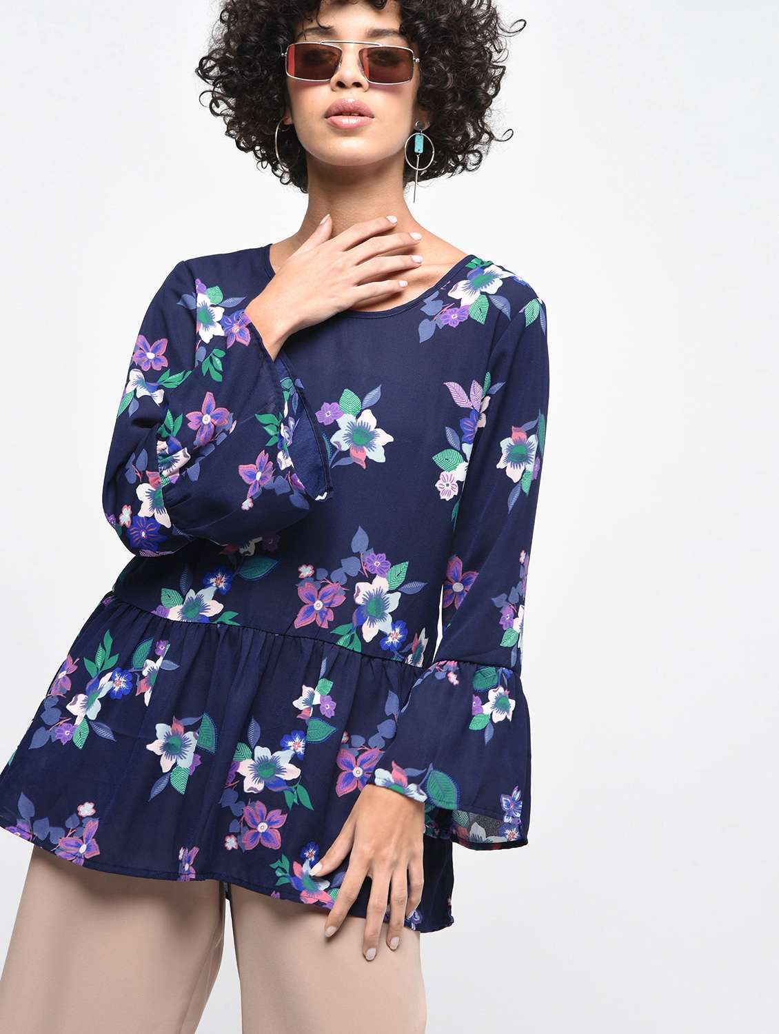 bell sleeved gathered floral top