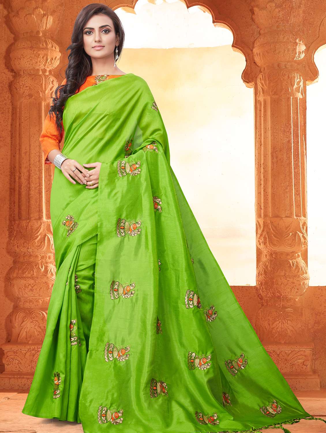 conversational parrot green embroidered saree with blouse