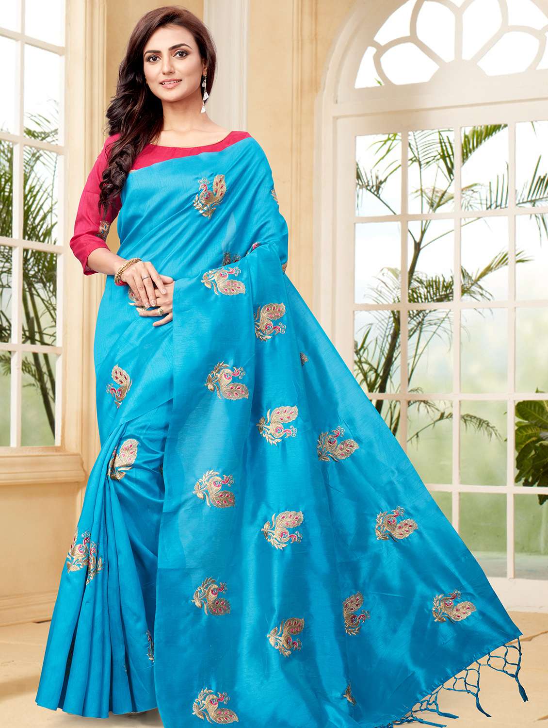 conversational royal blue embroidered saree with blouse