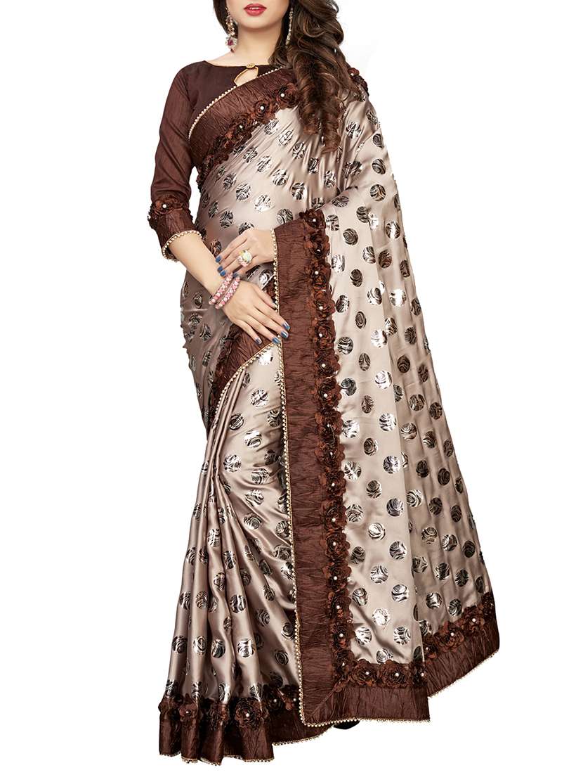 polka dots foil printed beige saree with blouse