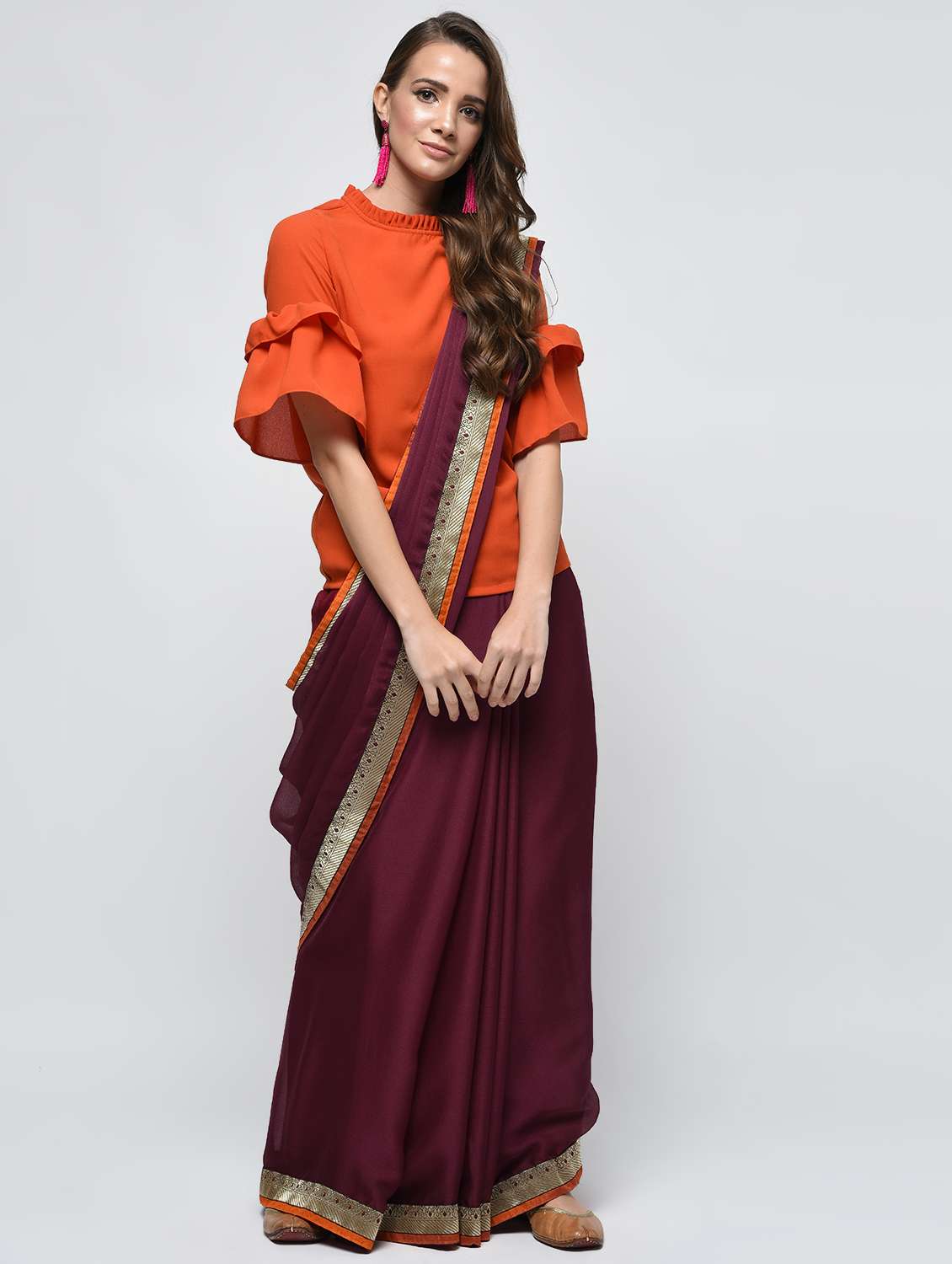 zari lace border burgundy saree with blouse
