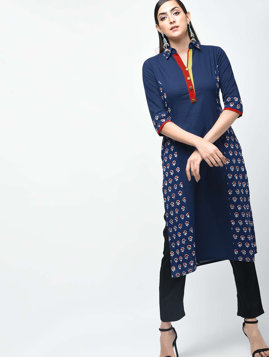 navy printed straight kurta