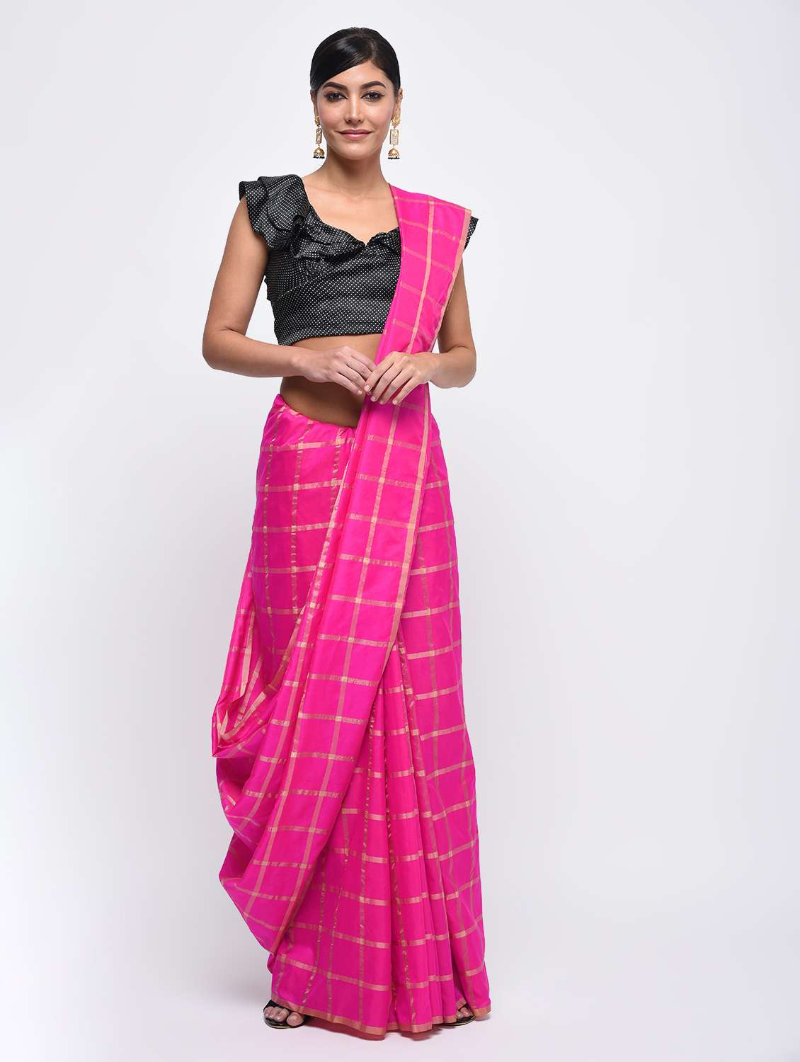 checkered woven saree with blouse