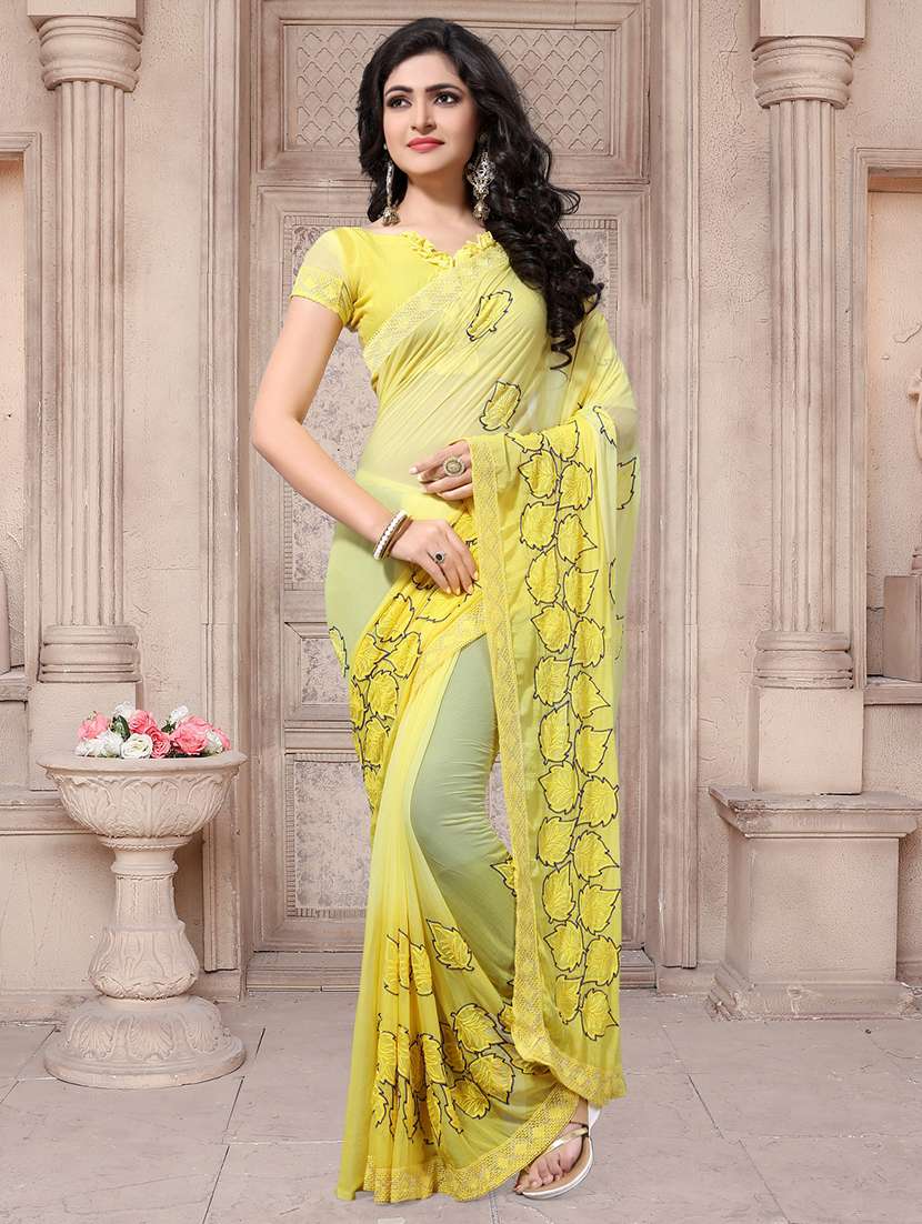 leaf motif embroidered saree with blouse