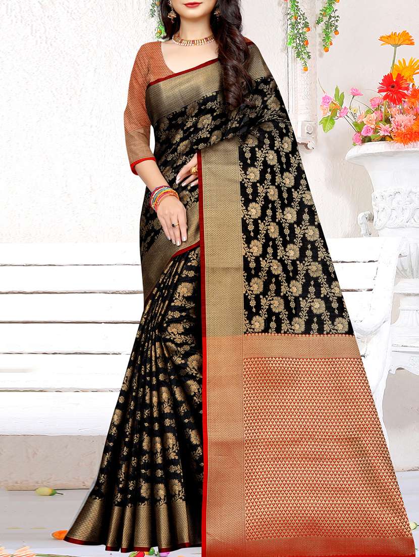 floral zari motif black kanjivaram saree with blouse