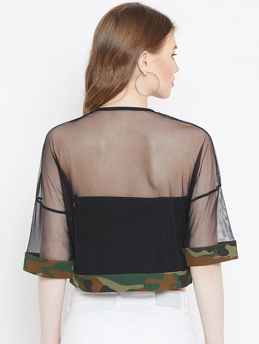 camouflage panel sheer crop top - 15952184 - Standard Image - 2