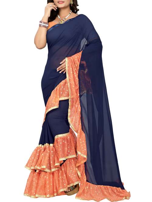 women's self design navy blue colored saree with blouse - 15953110 -  Standard Image - 0