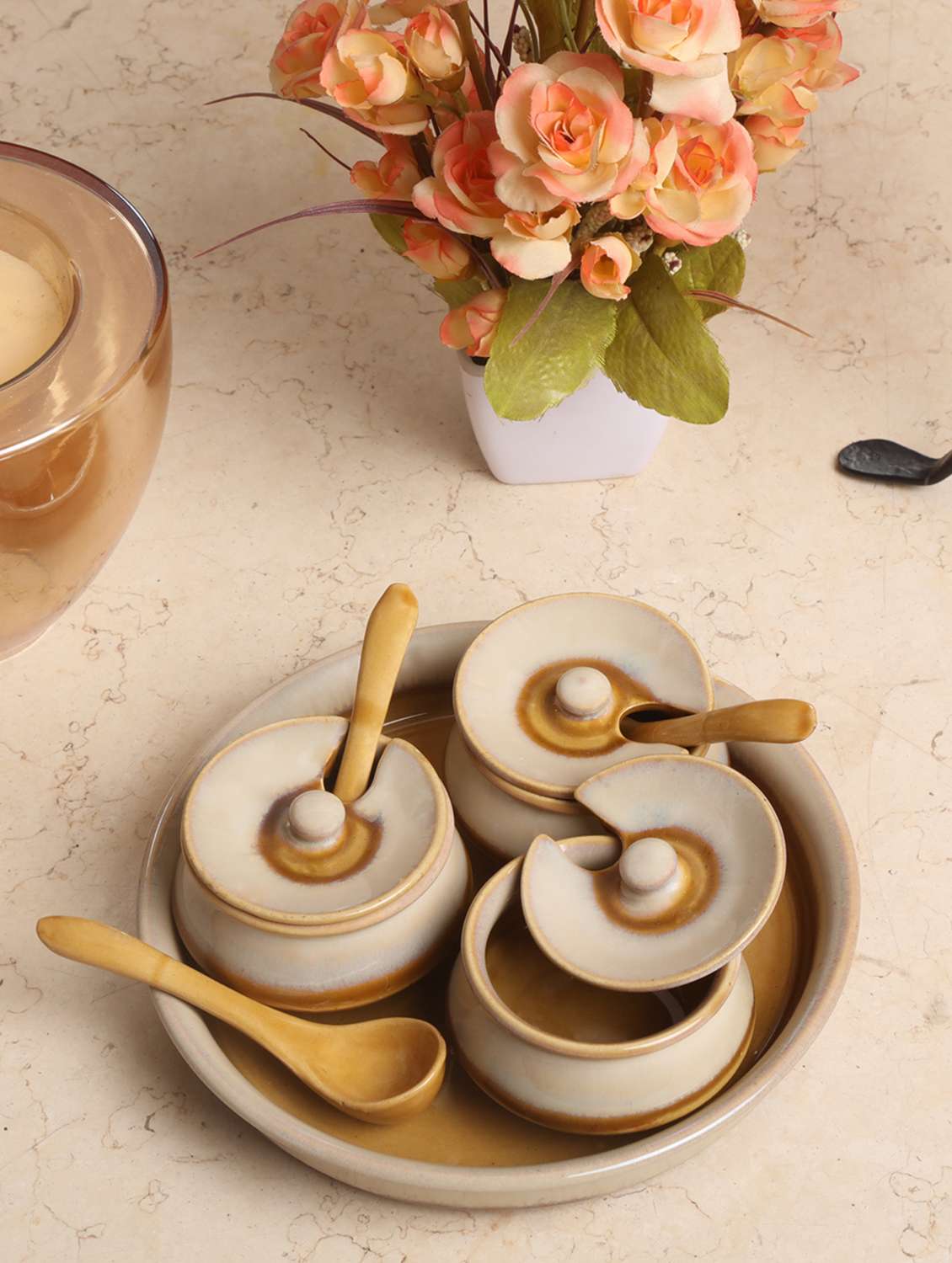 unravel india stoneware off-white chutney bowl set with base tray (set of 3)