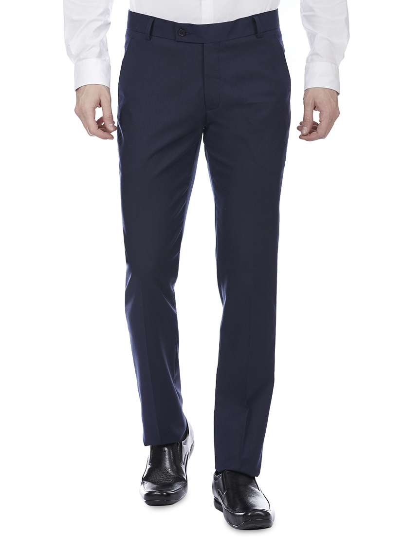 blue polyester flat front trousers formal