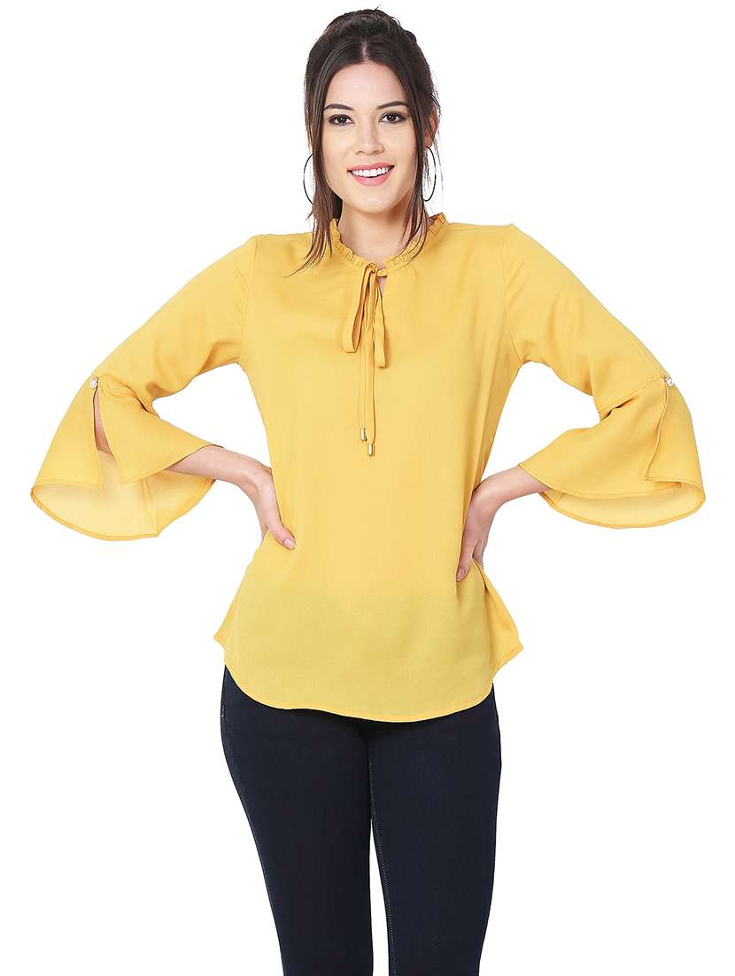 frill trim tie up neck top