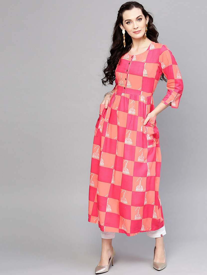 checkered flared kurta with pocket