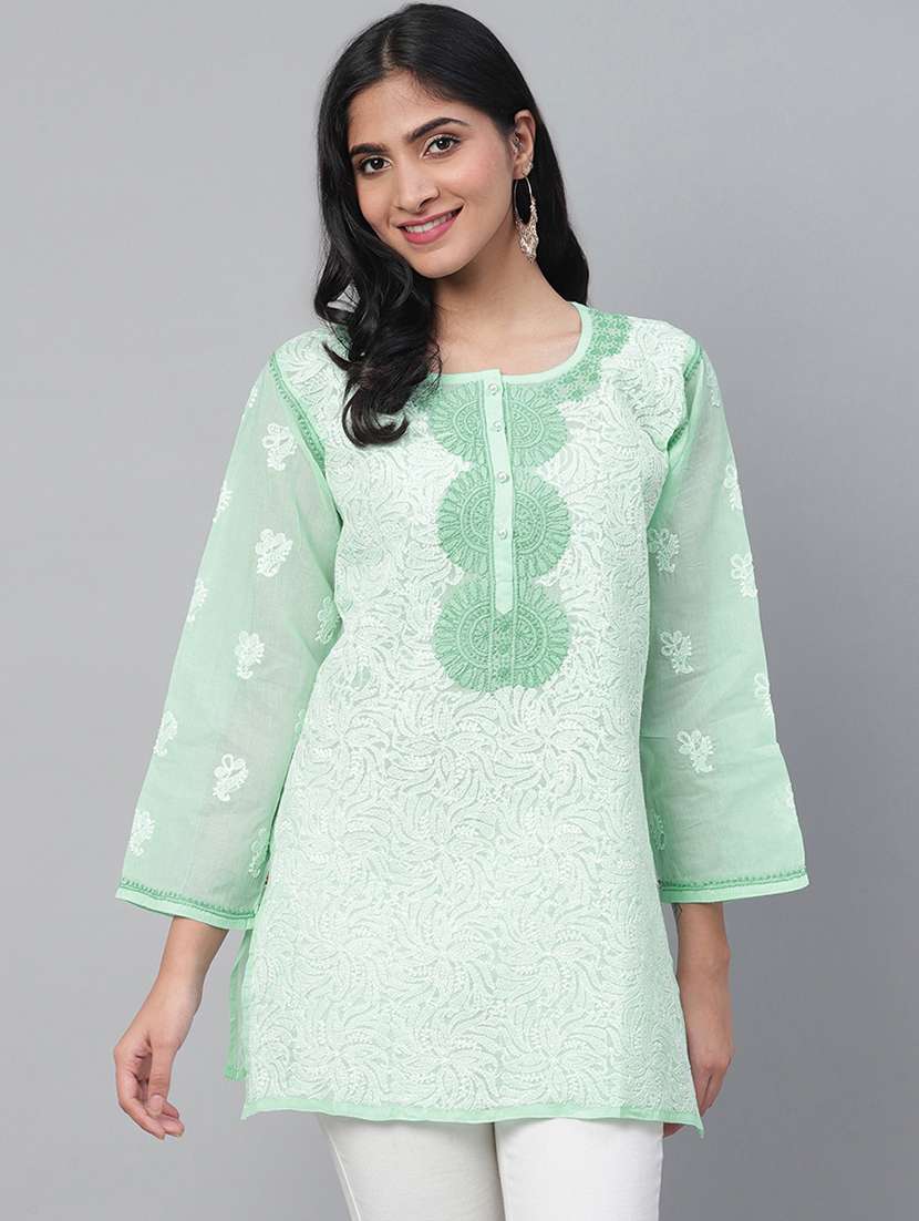hand-embroidered sea green chikankari kurti 