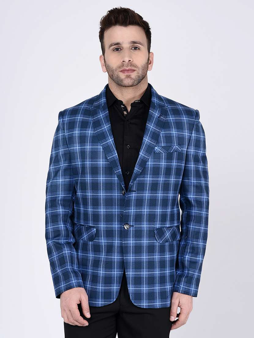 blue checkered single breasted blazer