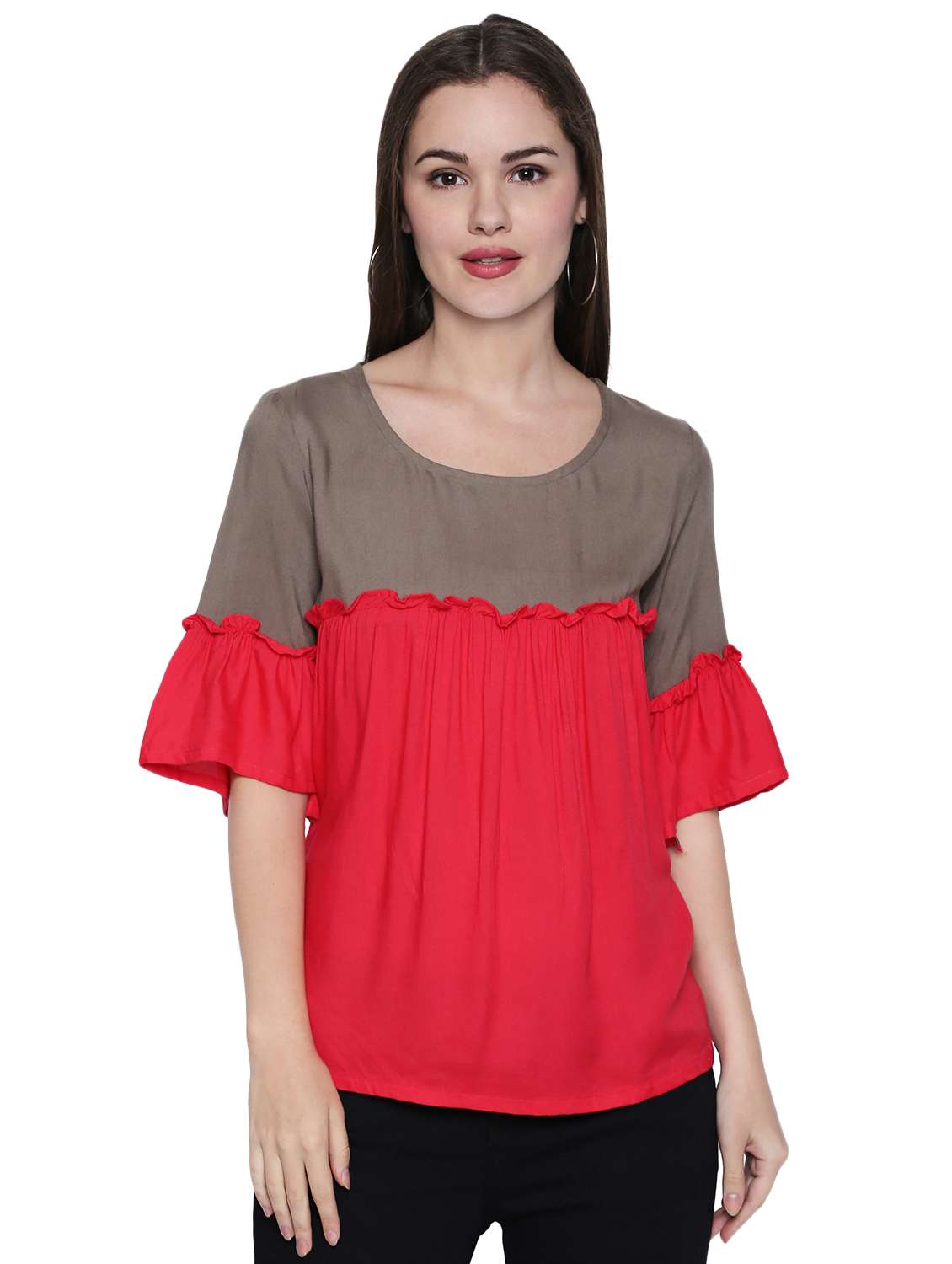color block ruffle trim top