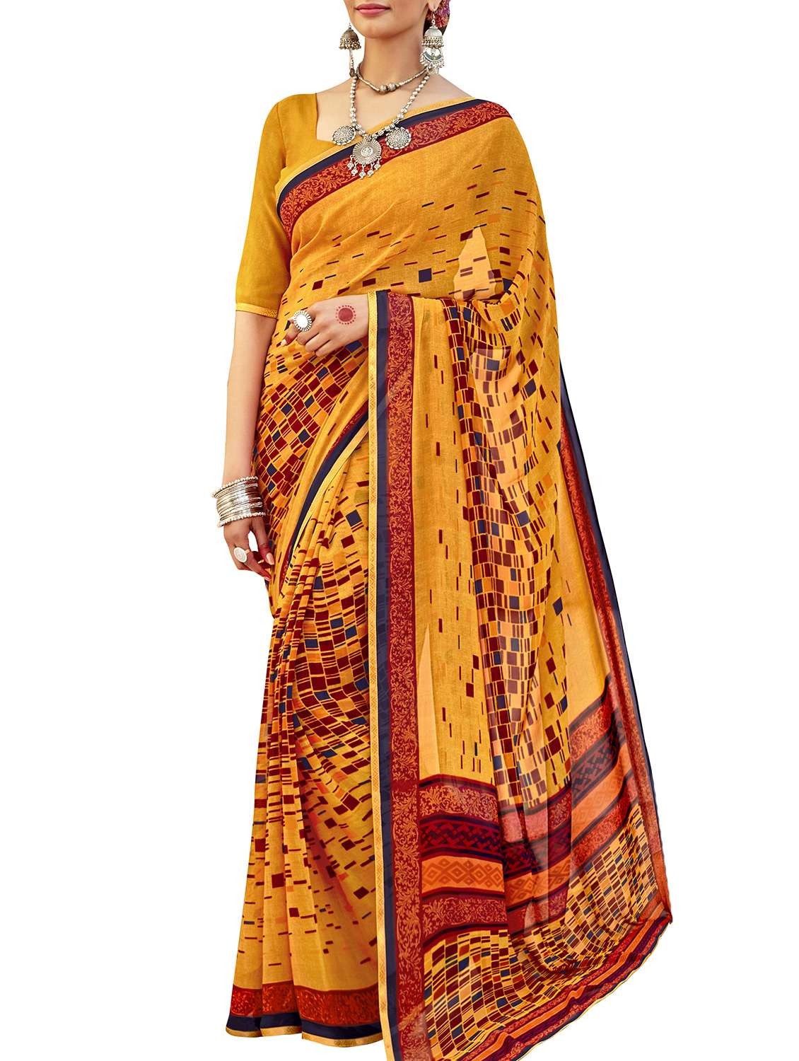 checkered orange printed saree with blouse