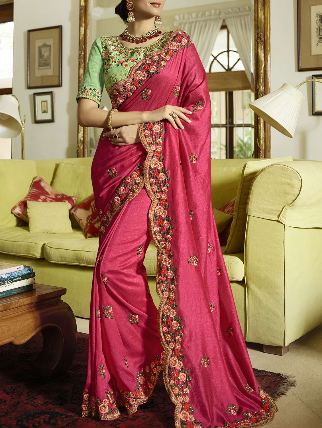 floral pink embroidered saree with blouse