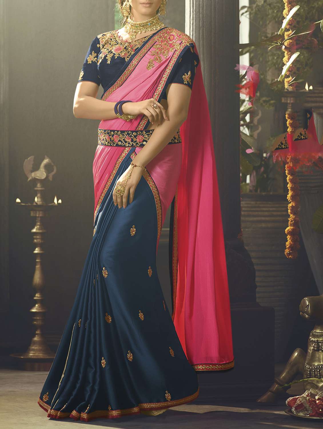 embroidered pink half & half saree with blouse