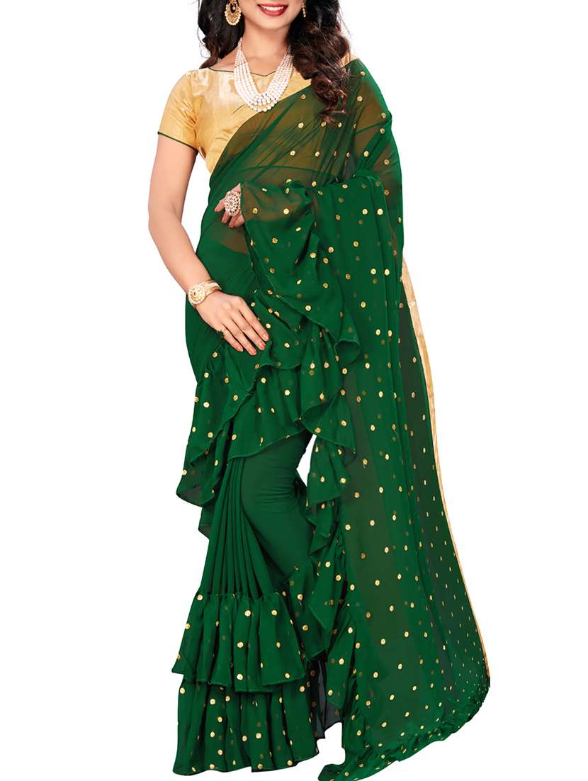 polka dots ruffle border green saree with blouse