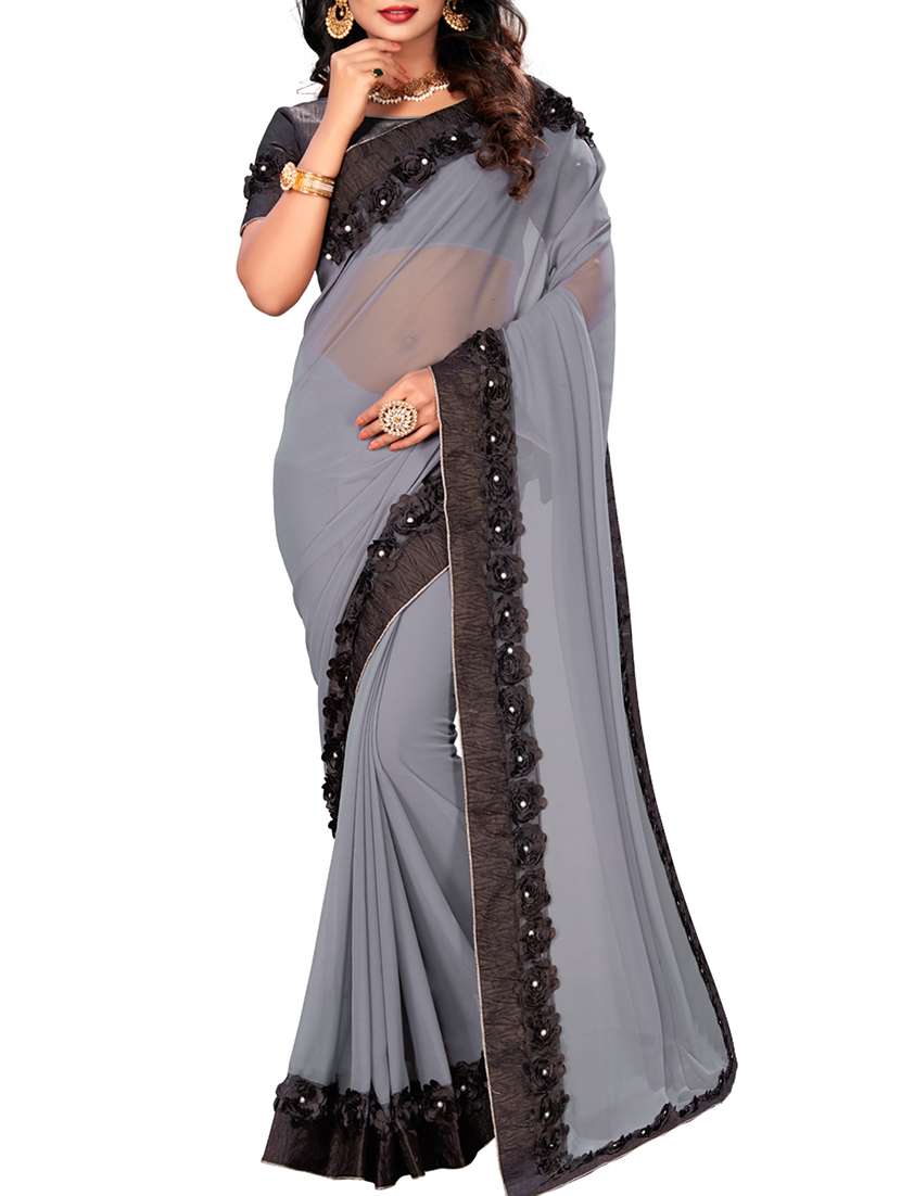 floral lace border grey saree with blouse