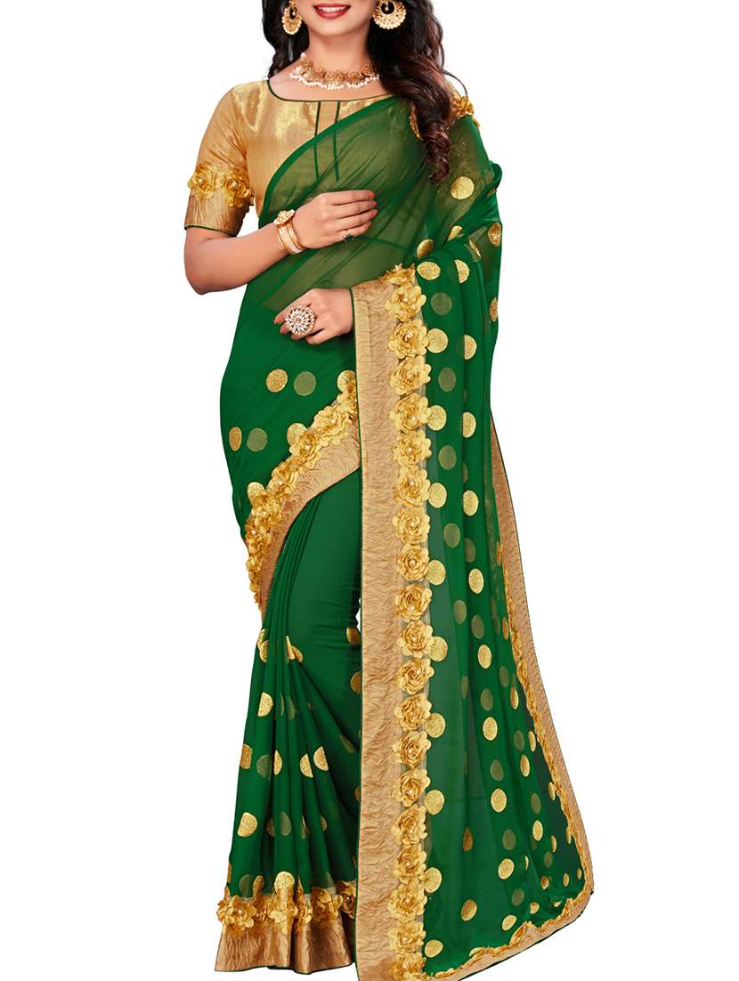 floral lace border green embroidered saree with blouse