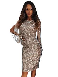 jeweled string sleeved sequin pencil dress