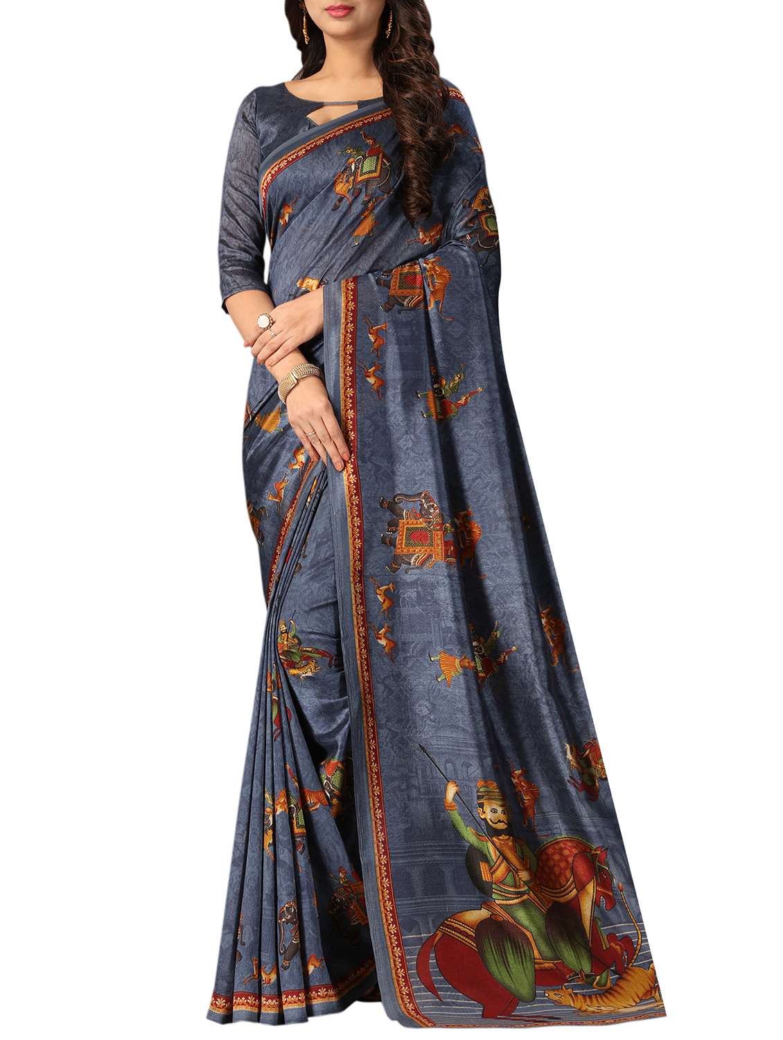 conversational printed grey saree with blouse