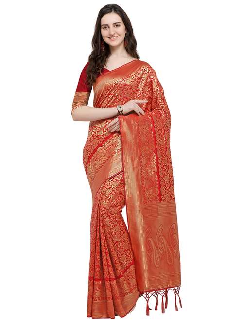 zari motifs red banarasi saree with blouse - 15984924 -  Standard Image - 0