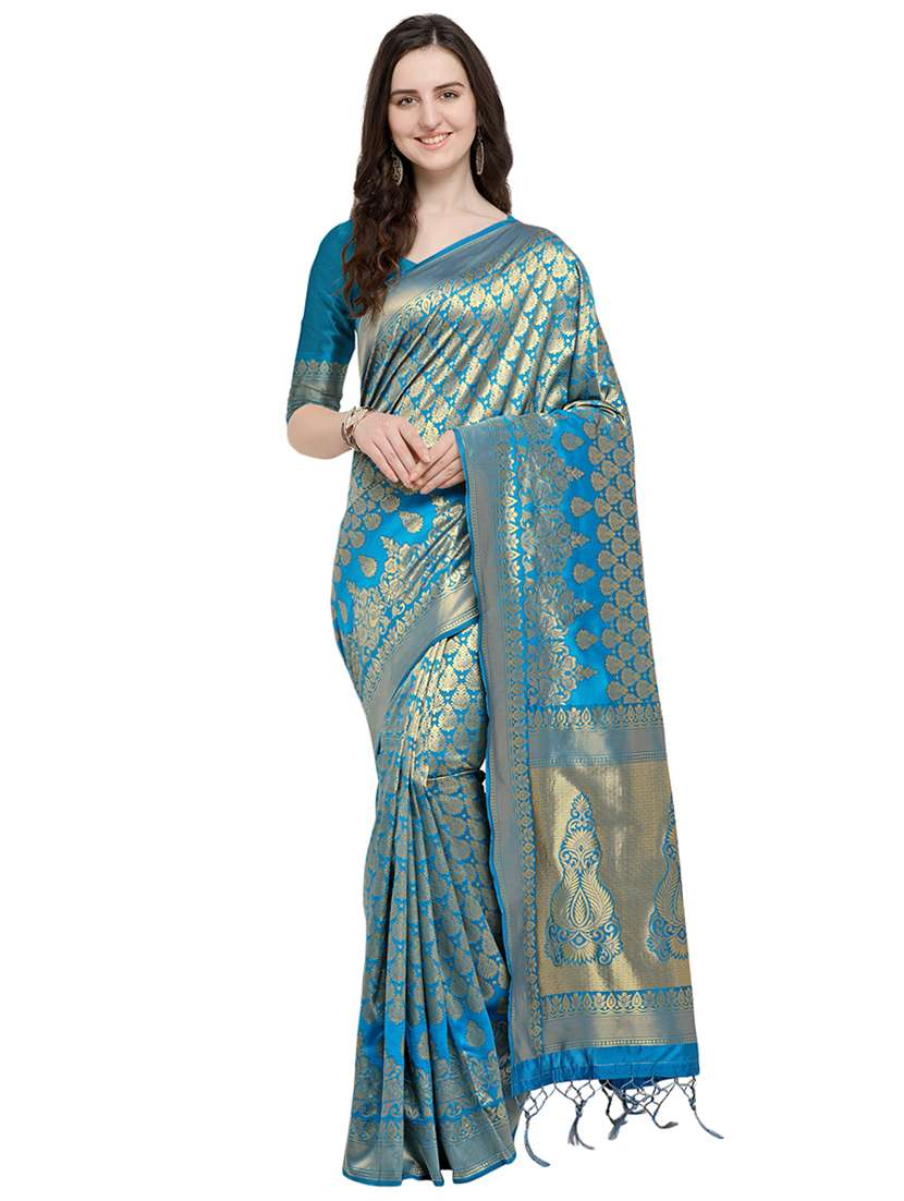 zari motifs blue banarasi saree with blouse