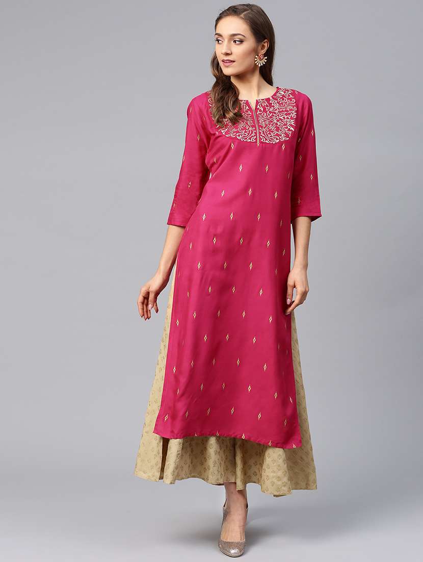 fuchsia embroidered straight kurta