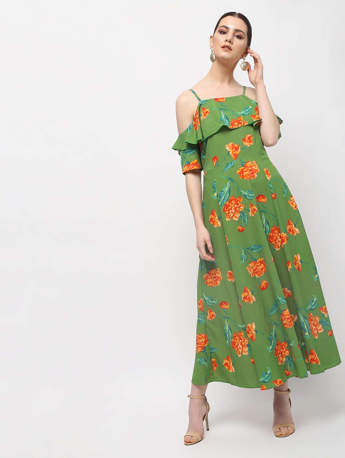 ruffled cold shoulder floral maxi dress