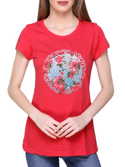 women's chest print round neck t-shirt - 15996492 - Standard Image - 0