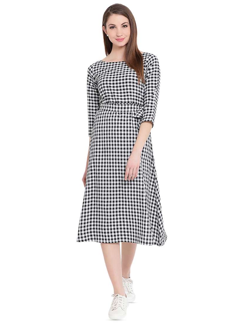 waist tie up checkered a-line dress