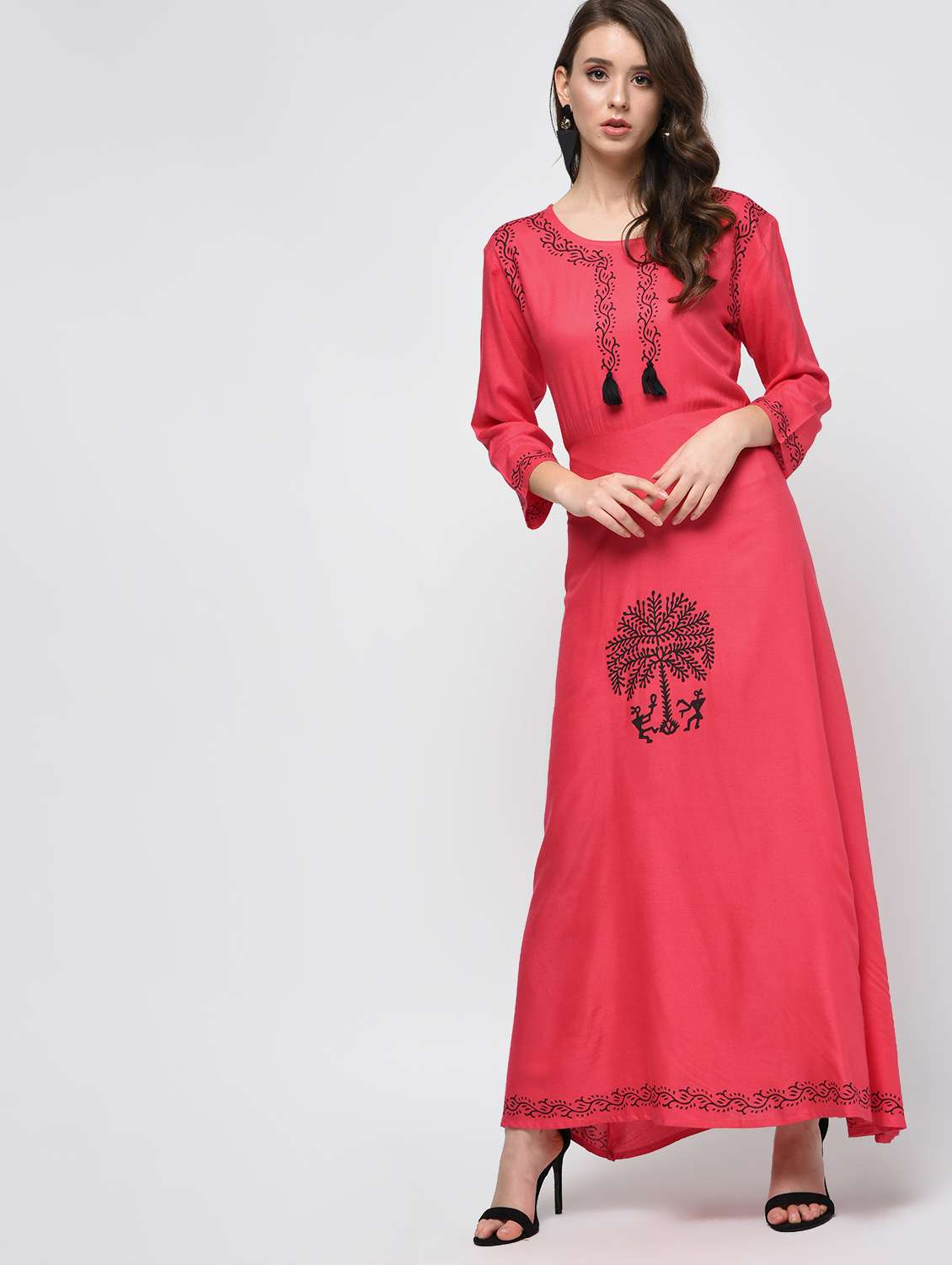 a-line block print kurta with tassels