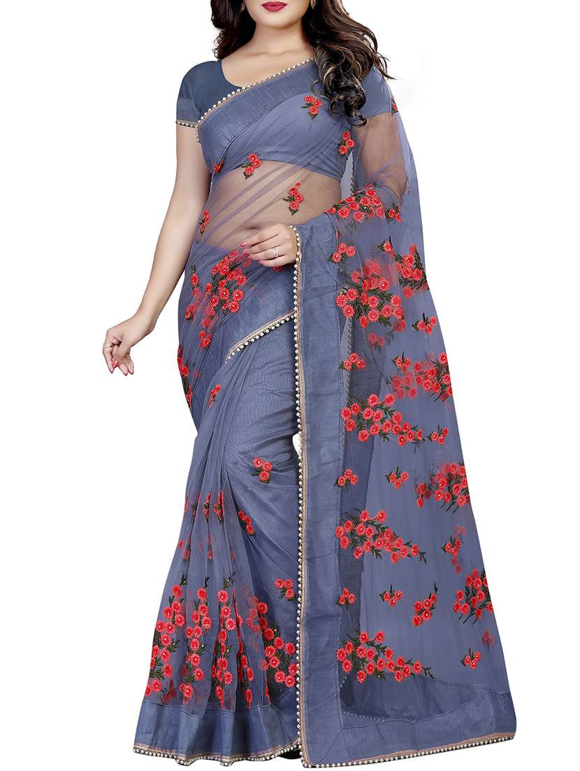 pearl border floral grey embroidered saree with blouse