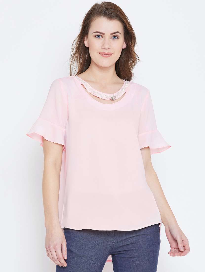women's high-low round neck top
