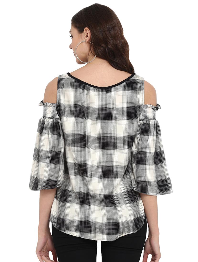 cold shoulder checkered top - 16005238 - Standard Image - 2