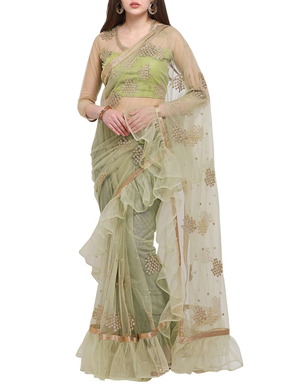 ruffle border embroidered fusion saree with blouse