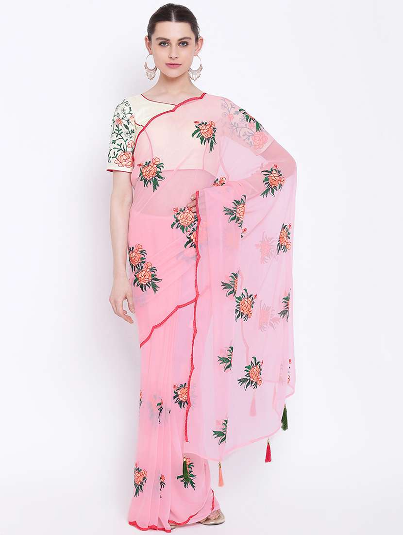 floral pink embroidered saree with blouse