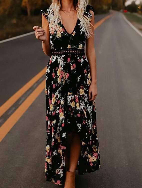lace insert cut out back floral maxi dress