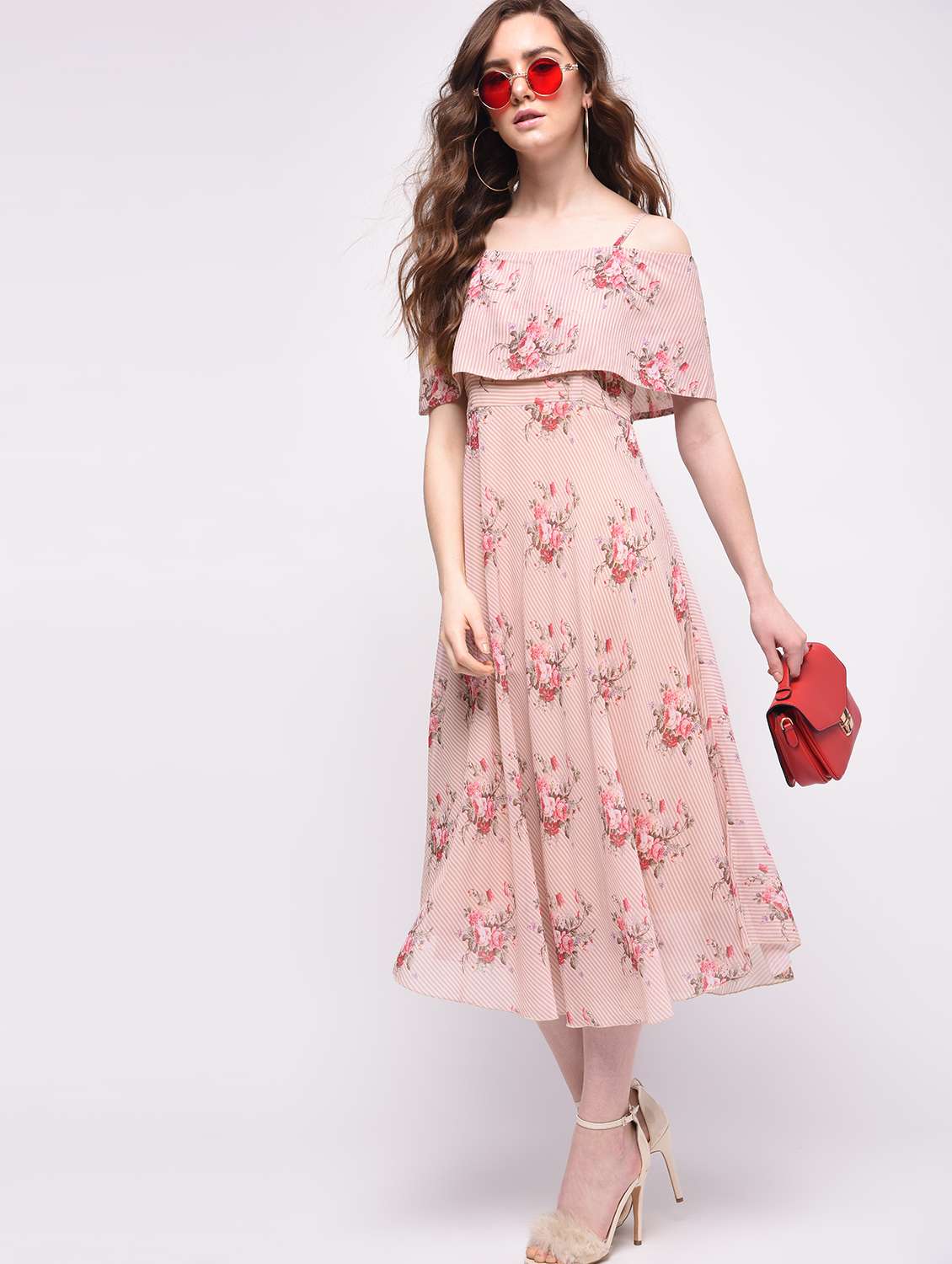 striped floral flared dress