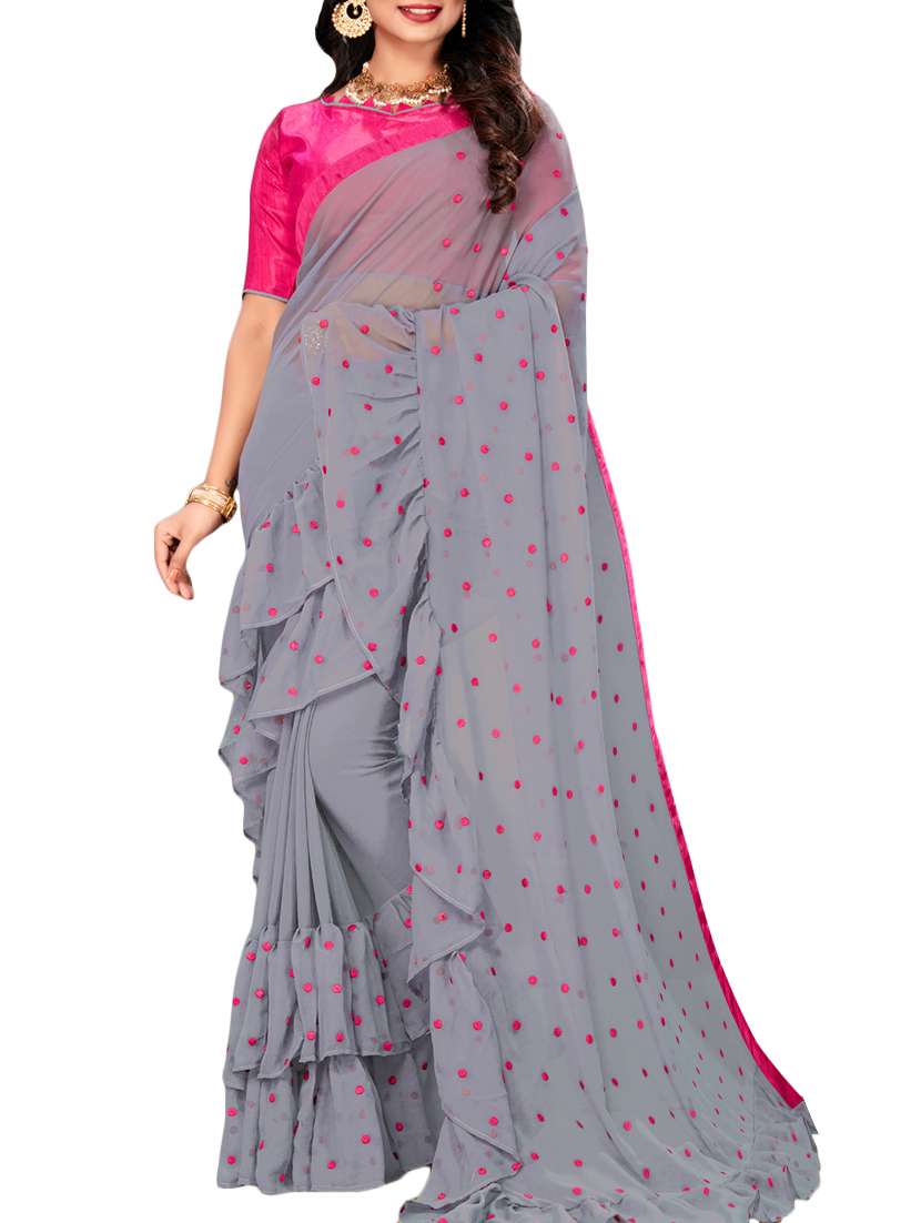 polka dots ruffle border saree with blouse